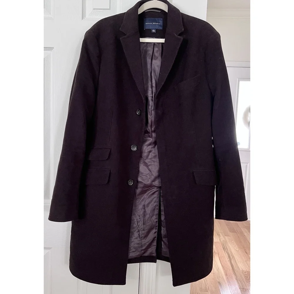 Banana Republic Mens L 100% Cotton Overcoat Brown Tailored Topcoat Hidden Button